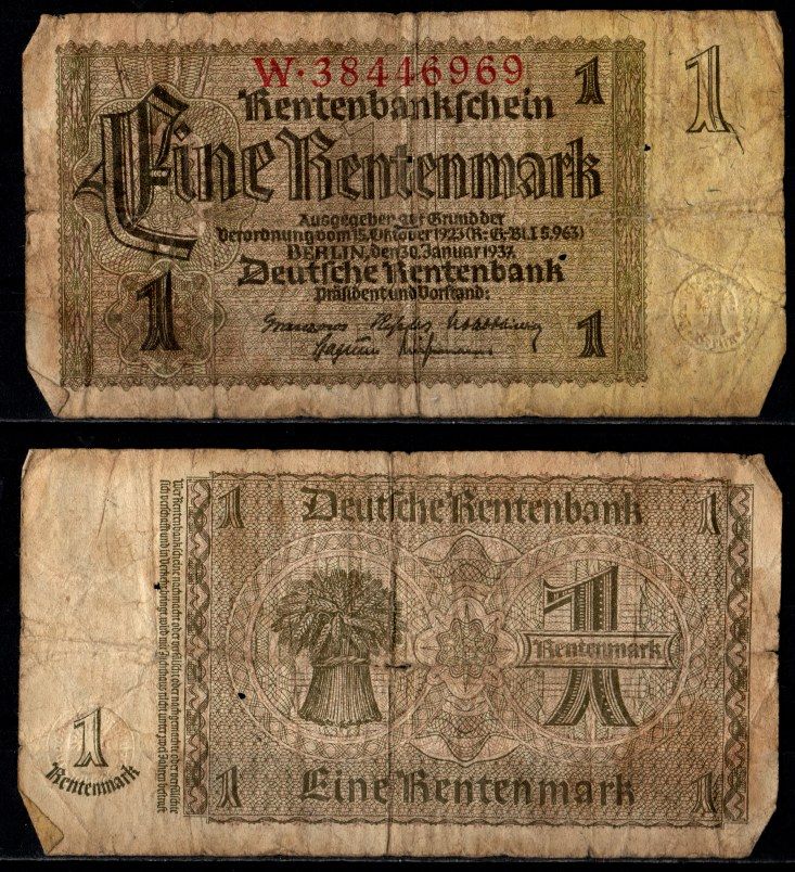 Германия 1 рентенмарка 1937 Pick 173 b бумага 7203-66-1-1