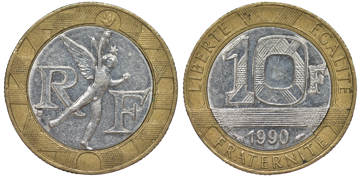 Франция 10 франков 1990 тип Гений Бастилии KM 964.1, Le Frank 375.5 биметалл 45-813
