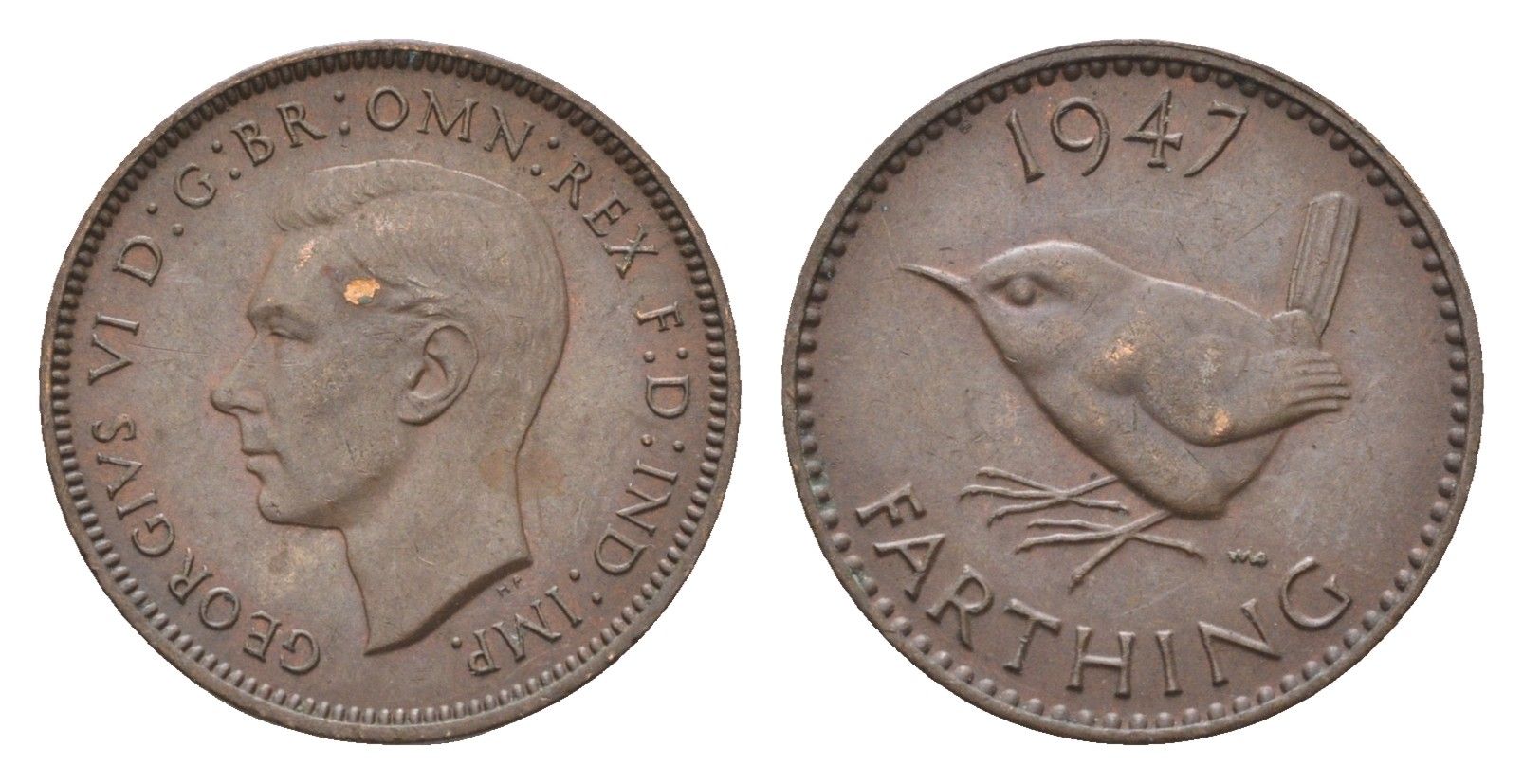 Великобритания 1 фартинг 1947 Георг VI (1936-1952) KM 843, Spink 4116 бронза 4664-353