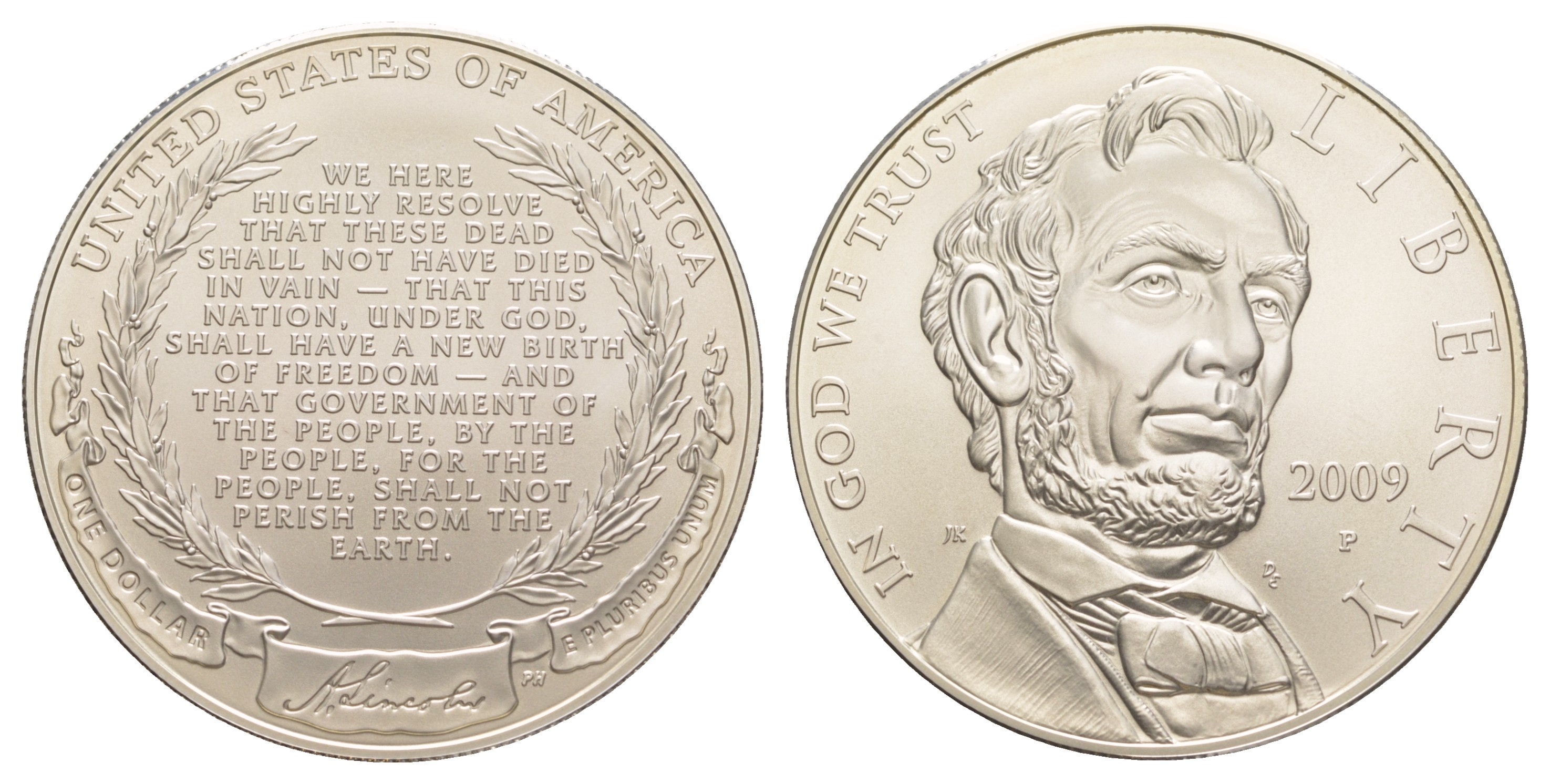 США 1 доллар 2009 P, 200 лет со дня рождения Авраама Линкольна KM 454 серебро  UNC  1079-5-53