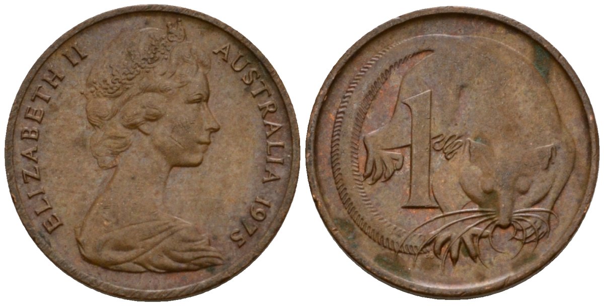 Австралия 1 цент 1975 Елизавета II (1953-), молодой портрет, опоссум KM 62 бронза 4602-221