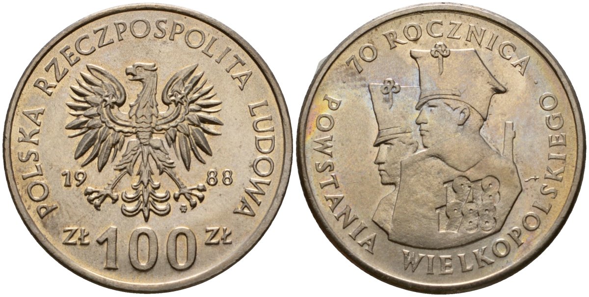 Польша 100 злотых 1988 MW, 70 лет Великопольскому восстанию Y 182 медно-никель UNC 81-924