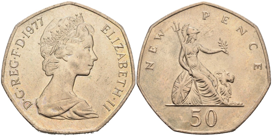 Великобритания 50 пенсов 1977 Елизавета II (1952-2022) KM 913, Spink 4223 (H1) медно-никель aUNC 88-535