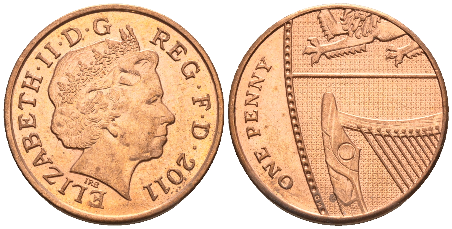 Великобритания 1 пенни 2011 Елизавета II (1952-2022) KM 1107, Spink B6 сталь плакированная медью 4609-731