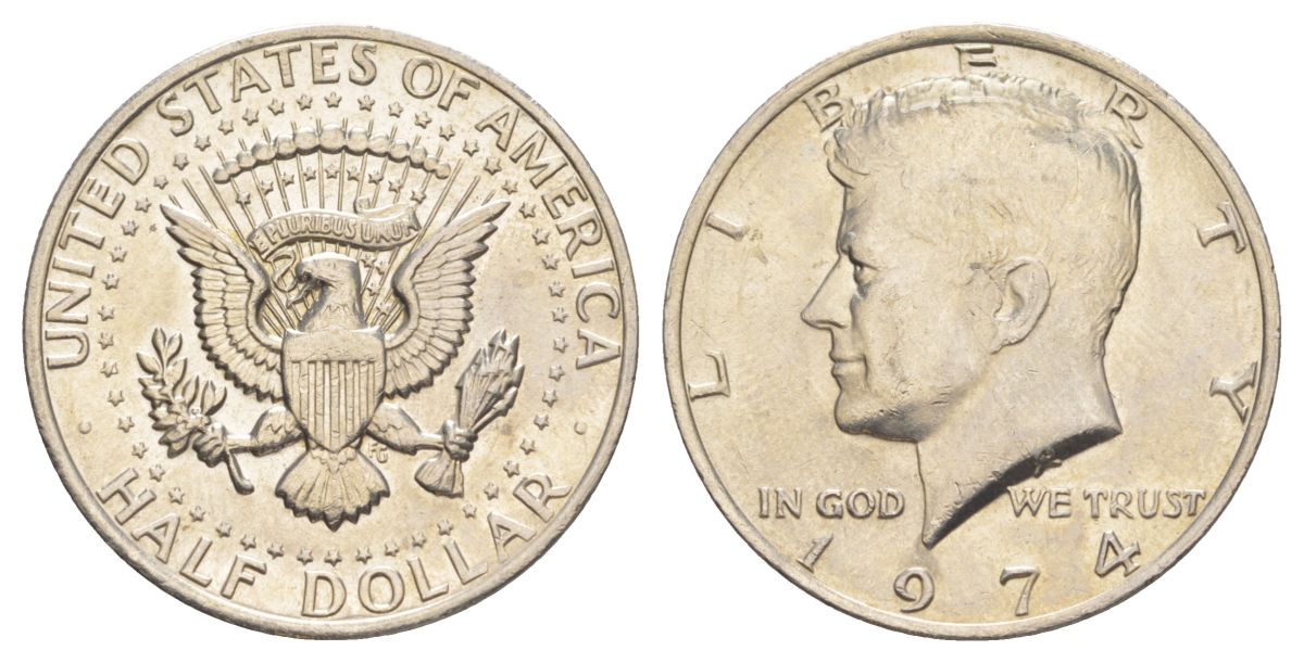 США 1/2 доллара (50 центов) 1974 Джон Кеннеди KM 202b медь плакированная медно-никелем aUNC 4536-536