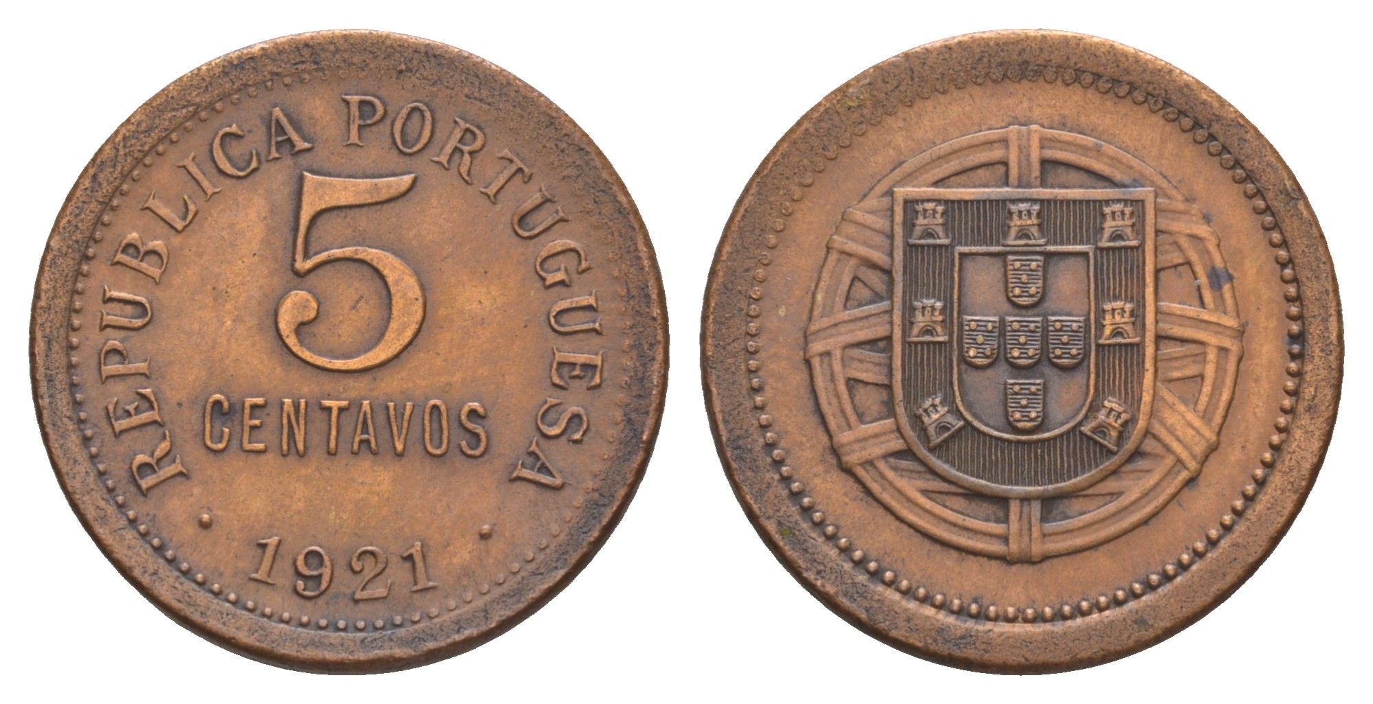 Португалия 5 сентаво 1921 KM 569 бронза 4657-834