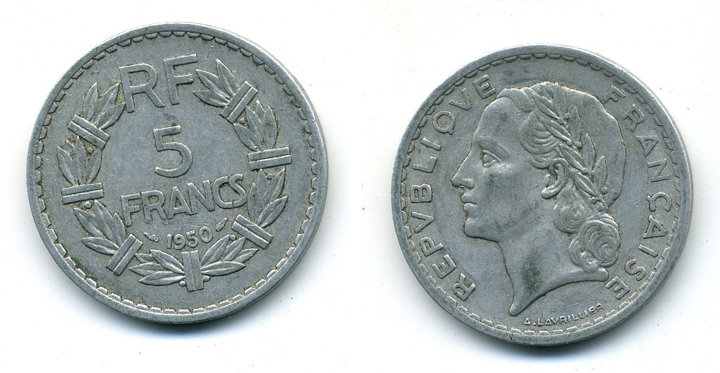 ФРАНЦИЯ 5 ФРАНКОВ 1950 KM 888b.1 алюминий 84-713