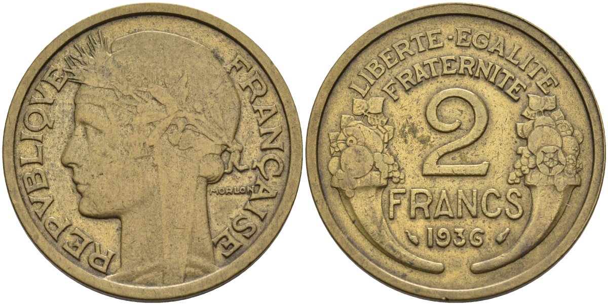 Франция 2 франка 1936 KM 886, Le Franc 268.9 алюминиевая бронза 4593-314