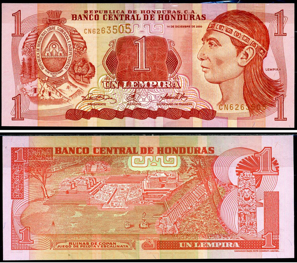 Гондурас 1 лемпира 2000 Индейский вождь Лемпира, руины древних Майя Pick 84a бумага UNC (пресс) 6283-12-2-2