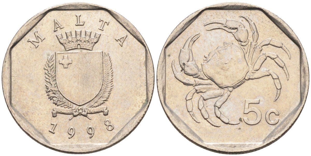 Мальта 5 центов 1995 краб KM 95 медно-никель 4588-136