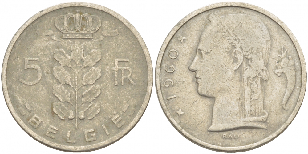 Бельгия 5 франков 1960 Belgie, Бодуэн I (1951-1993) KM 135.1 медно-никель 4539-851