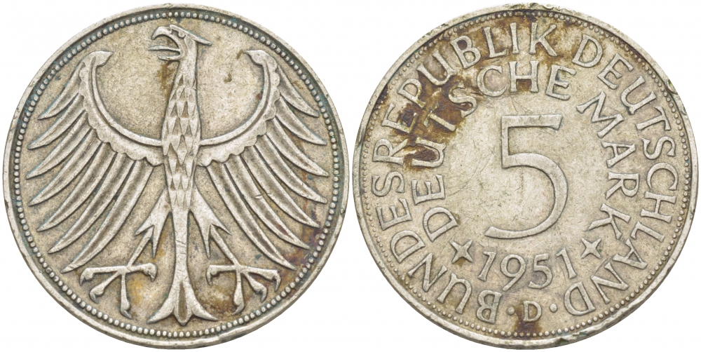 ФРГ 5 марок 1951 D J. 387, KM 112.1 серебро 115-1025