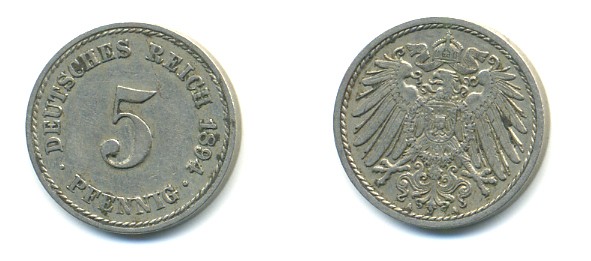 ГЕРМАНИЯ 5 ПФЕННИГОВ 1894 A, KM 11, J. 12 медно-никель 4379-368