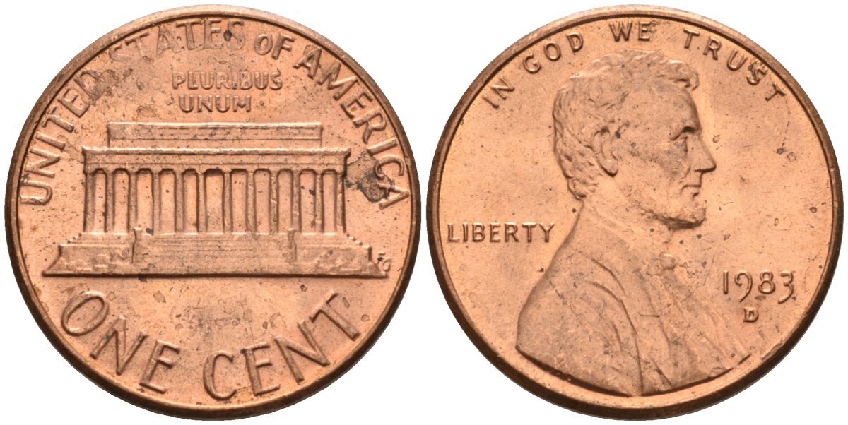 США 1 цент 1983 D, Линкольн KM 201b цинк плакированный медью 4580-418