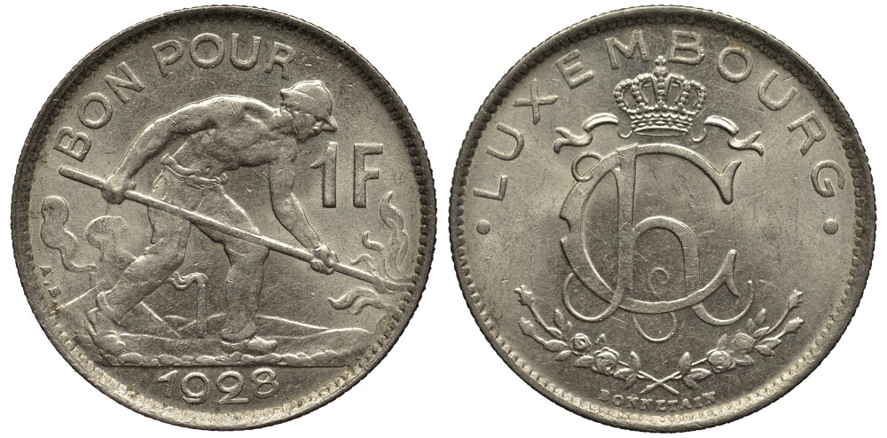 ЛЮКСЕМБУРГ 1 ФРАНК 1928 СТАЛЕВАР, ДИАМЕТР 22,8 ММ., ВЕЛИКАЯ ГЕРЦОГИНЯ ШАРЛОТТА (1919-1964) KM 35 никель 4538-914
