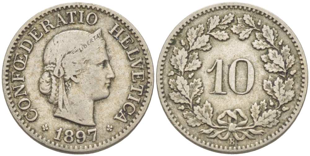 ШВЕЙЦАРИЯ 10 РАППЕНОВ 1897 В KM 27 медно-никель 4513-214
