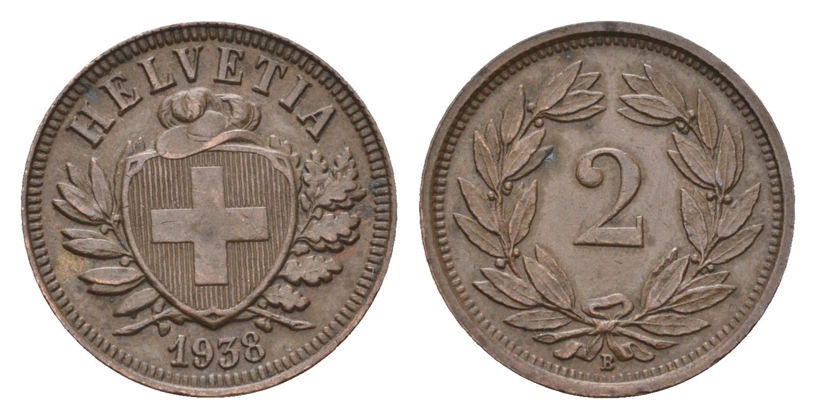 Швейцария 2 раппена 1938 B KM 4.2a бронза 4679-442