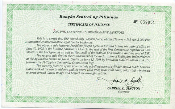 Филиппины 2000 писо 1998 памятная банкнота, 100 лет первой Республике (1898-1998), подписи Estrada и Singson, сертификат Pick 189 бумага UNC (пресс) 451-6-1