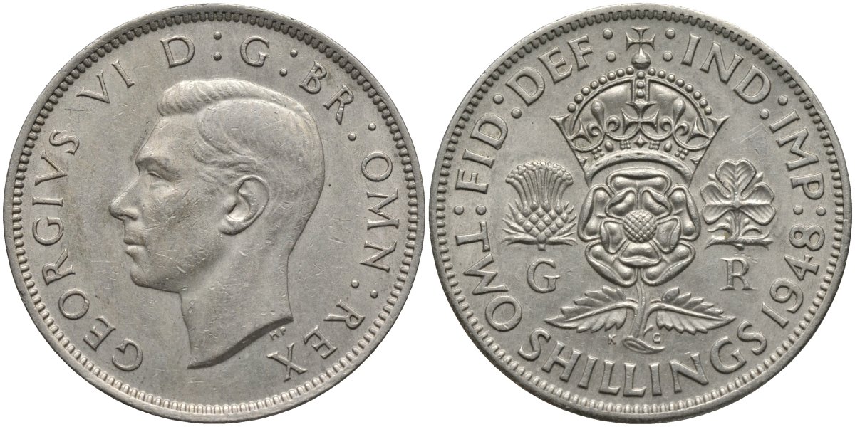 Великобритания 2 шиллинга (флорин) 1948 Георг VI (1936-1952) KM 865, Spink 4102 медно-никель 215-826