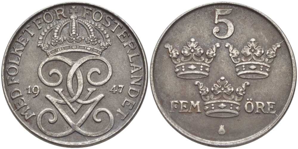 Швеция 5 эре 1947 Густав V (1907-1950) KM 812 железо 115-916