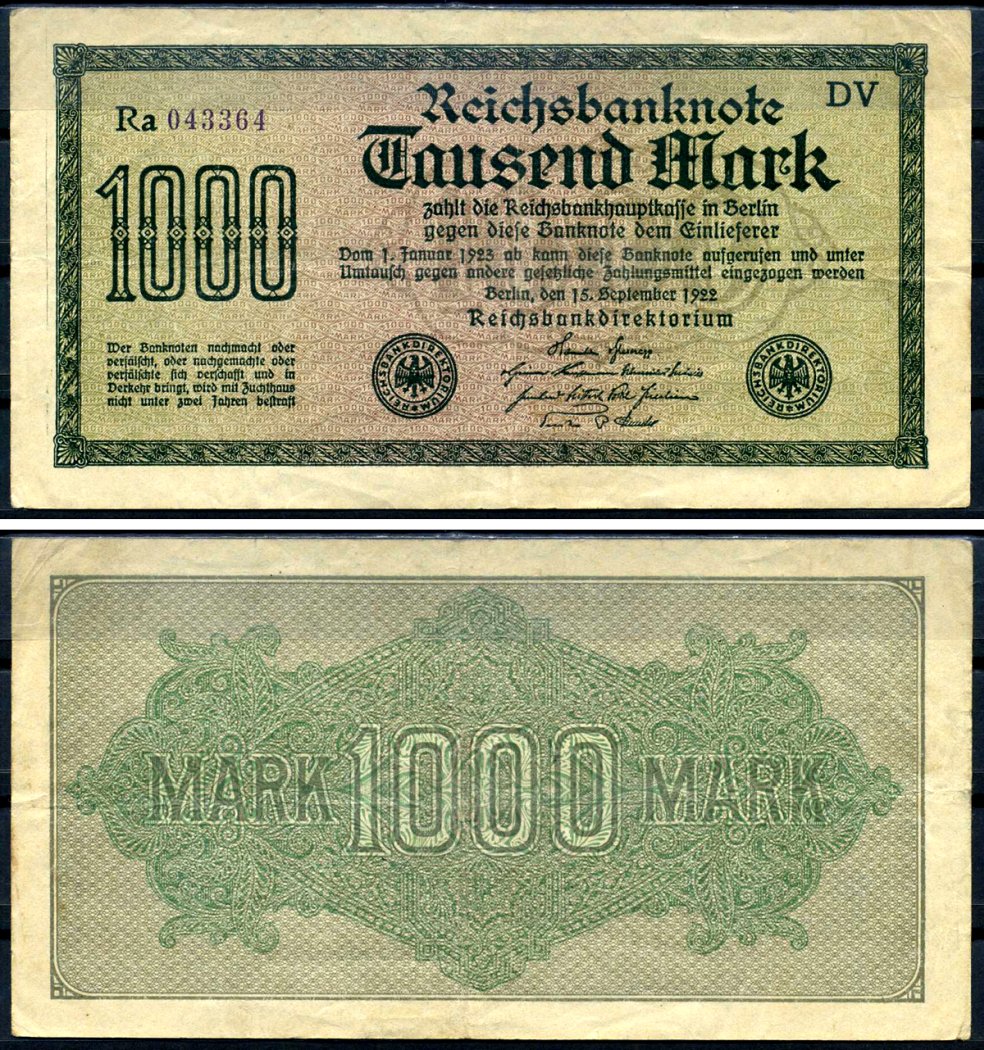 Германия 1000 марок 1922 выпуск 15 сентября 1922, водяной знак D, белая бумага, серия DV, буква Ra Pick 76 d (2) бумага 8592-9-2-1