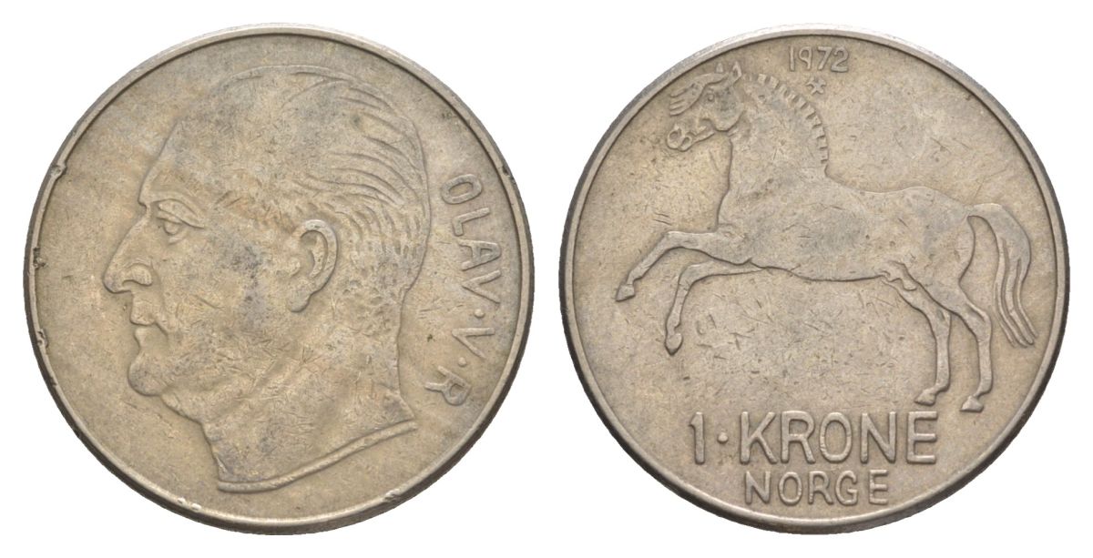 Норвегия 1 крона 1972 Улаф V (1957-1991), лошадь KM 409 медно-никель 4635-655