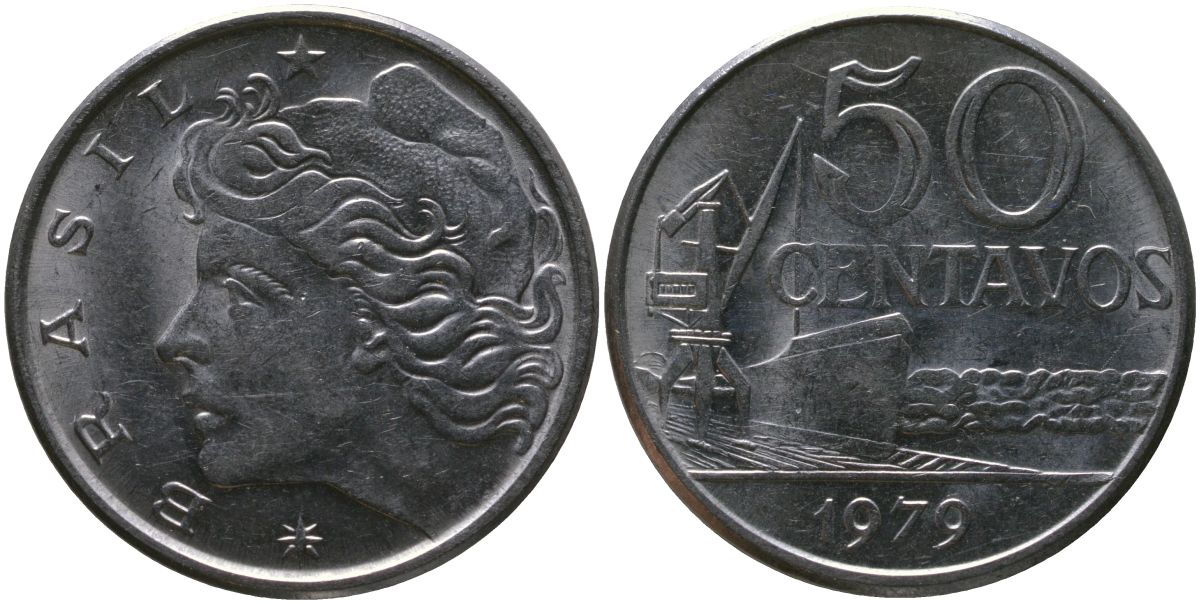 Бразилия 50 сентаво 1979 голова свободы влево KM 580b, Schon 85b нержавеющая сталь aUNC 4577-1233