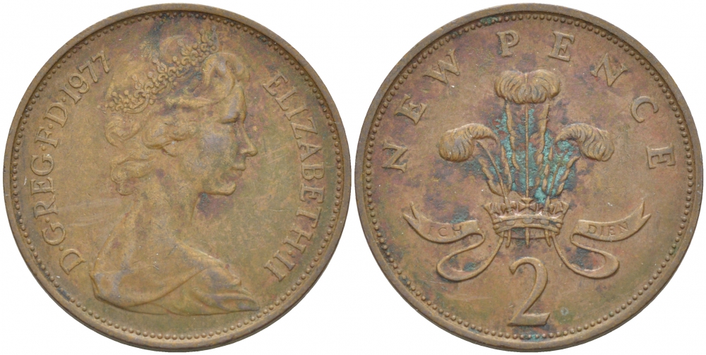 Великобритания 2 пенса 1977 Елизавета II (1952-2022) KM 916, Spink 4235 (C1) бронза 77-142