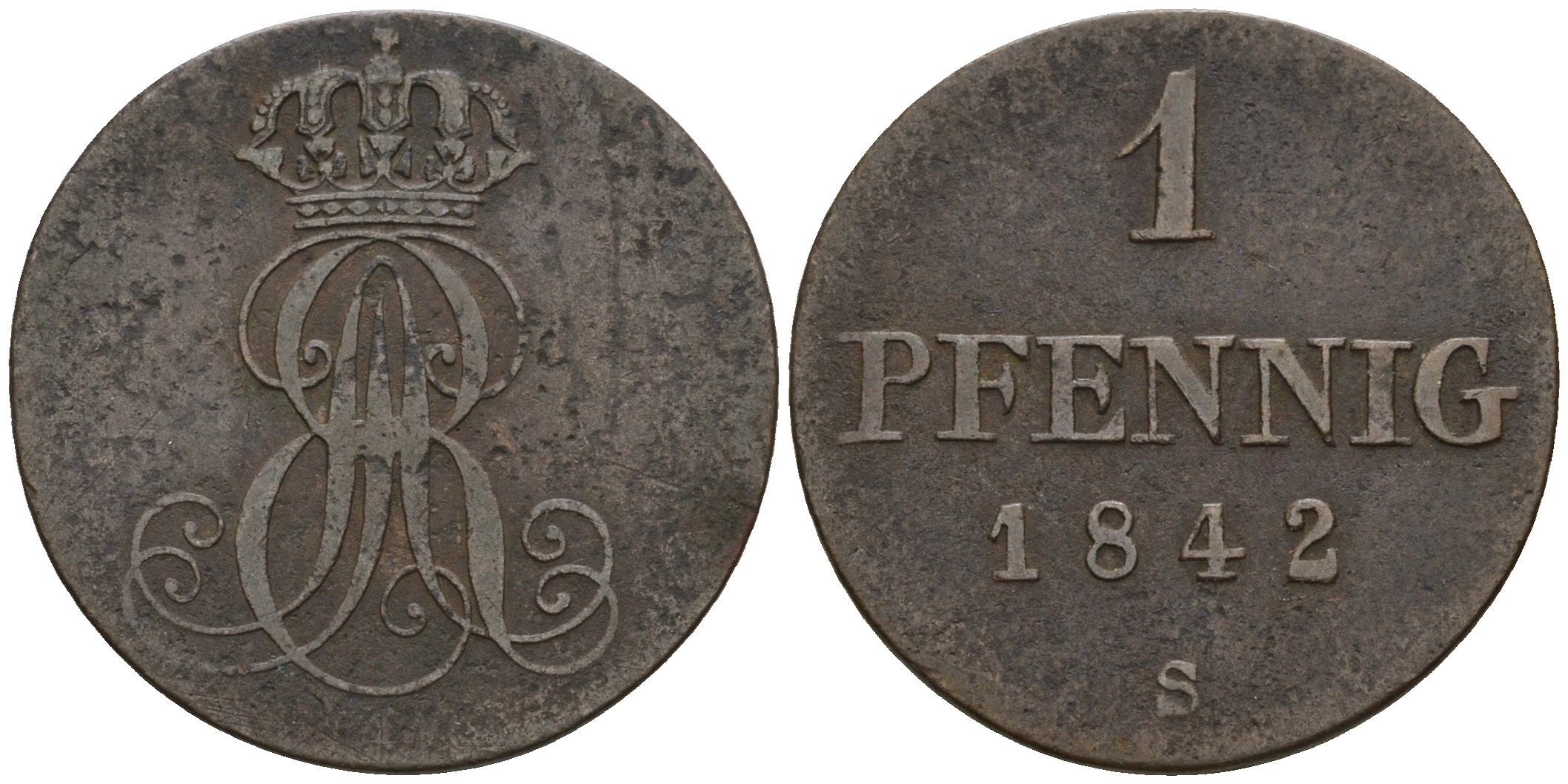 Ганновер 1 пфенниг 1842 S, Эрнст Август (1837-1851) KM 173.3, AKS 128, J. 54 медь 4608-357
