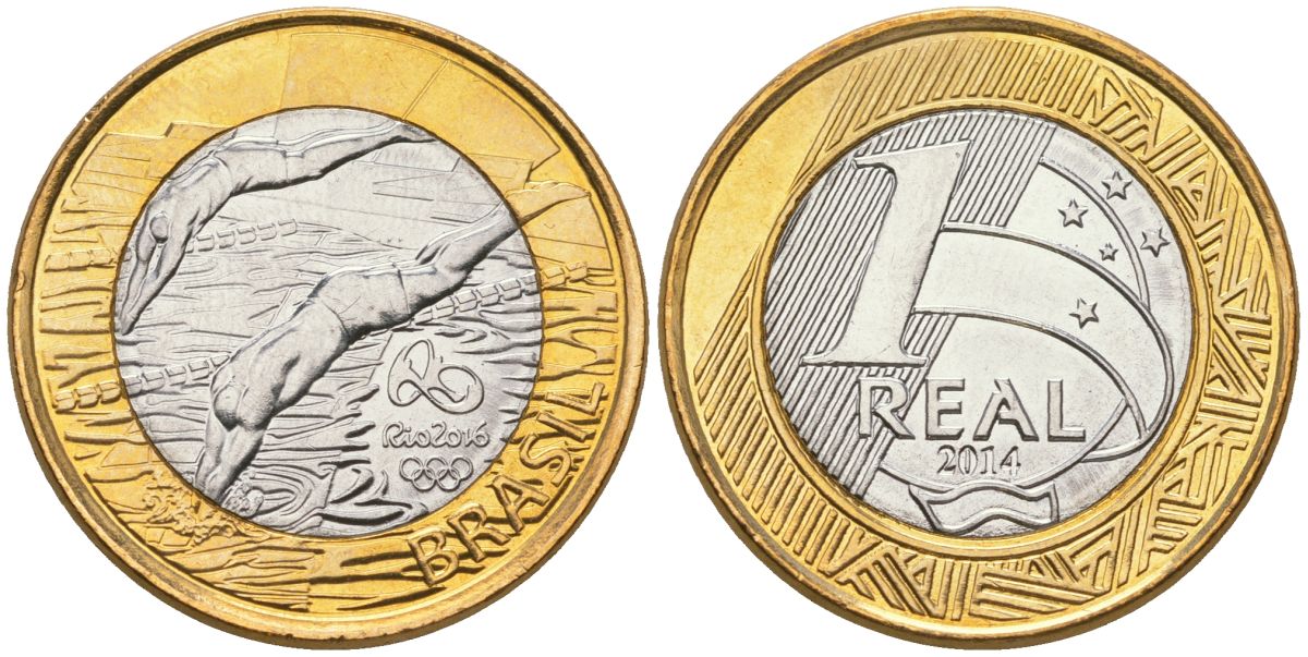 Бразилия 1 реал 2014 XXXI летние Олимпийские Игры, Рио-де-Жанейро 2016 - Плавание KM 688 биметалл UNC 4139-226