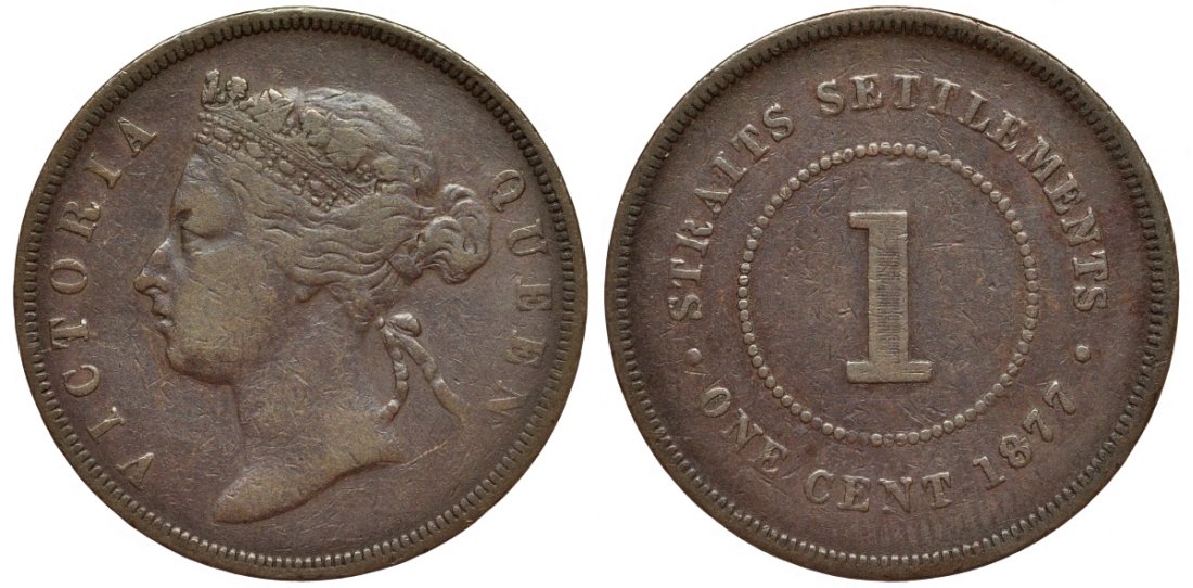 Стрейтс-Сетлментс 1 цент 1877 Виктория (1837-1901) KM 16 бронза 4565-542