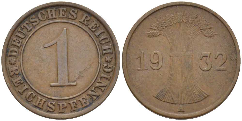 ГЕРМАНИЯ 1 РЕЙХСПФЕННИГ 1932 A KM 37, J. 313, Weege 2 бронза 211-121