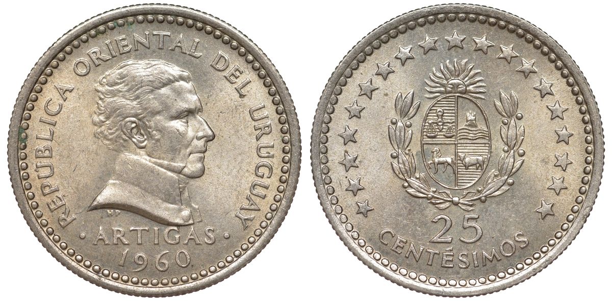 Уругвай 25 сентесимо 1960 KM 40 медно-никель 4580-914