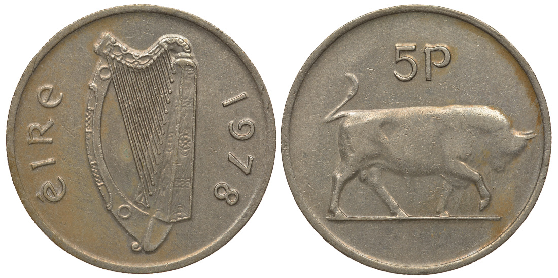 ИРЛАНДИЯ 5 ПЕНСОВ 1978 БЫК KM 22 медно-никель 51-455