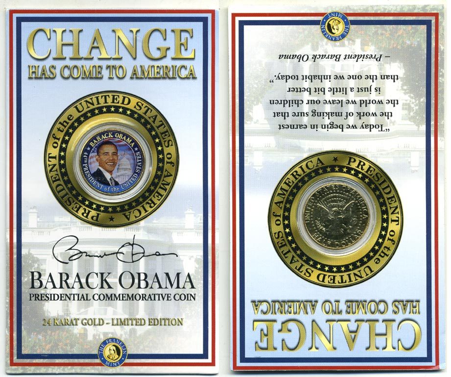 США 1/2 ДОЛЛАРА ( 50 ЦЕНТОВ ) ND ДЖОН КЕННЕДИ, ПРЕЗИДЕНТ БАРАК ОБАМА, ЦВЕТНАЯ ЭМАЛЬ, ПОЗОЛОТА, БУКЛЕТ медь плакированная медно-никелем UNC 06-081-55