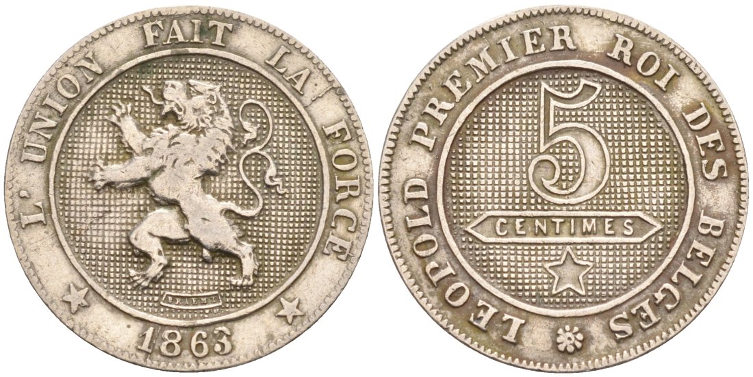 Бельгия 5 сантимов 1863 Belges KM 21 медно-никель 188-1147