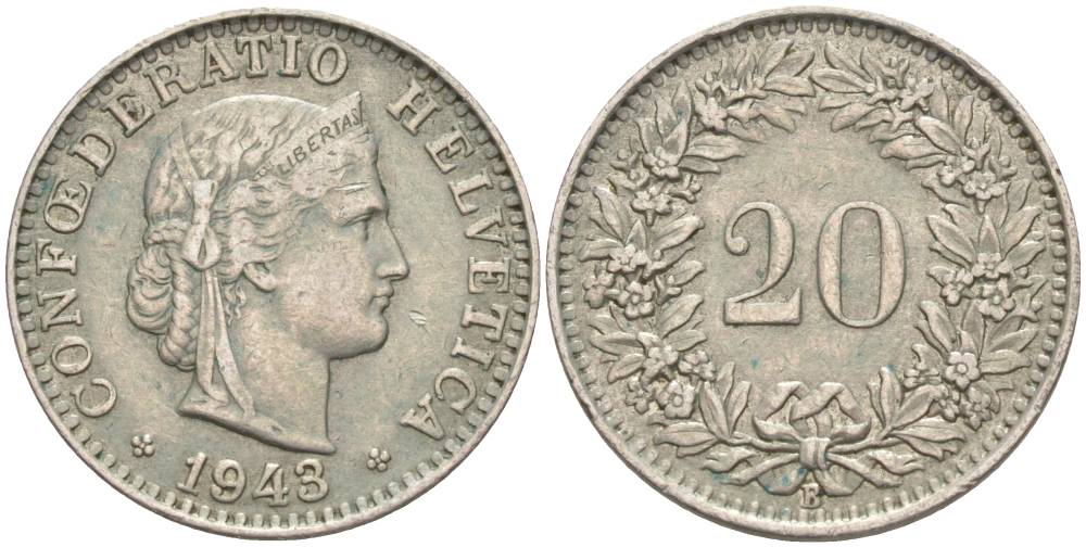 ШВЕЙЦАРИЯ 20 РАППЕНОВ 1943 В KM 29a медно-никель 55-655