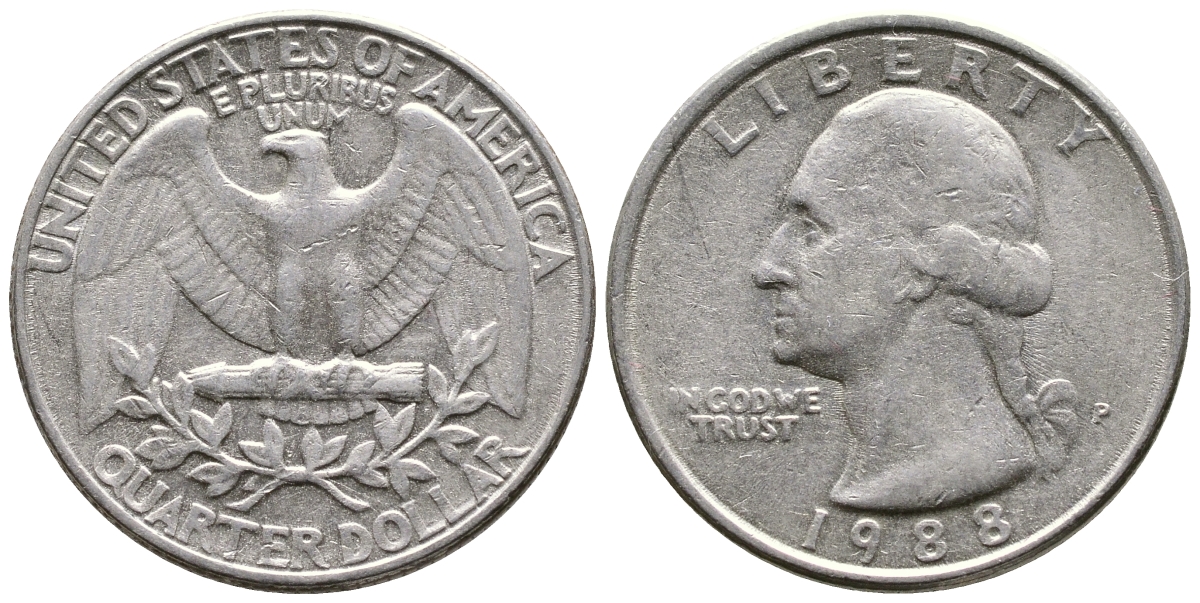 США 25 ЦЕНТОВ = КВОТЕР 1988 P, ВАШИНГТОН KM А164а медь плакированная медно-никелем 23-234