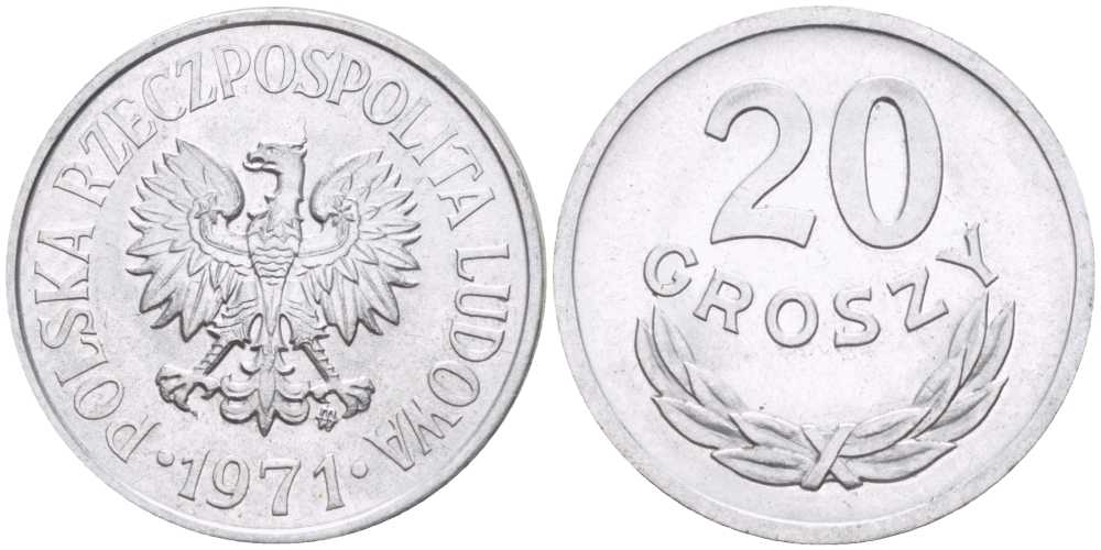 ПОЛЬША 20 ГРОШЕЙ 1971 MW KM А47 алюминий UNC 201-457