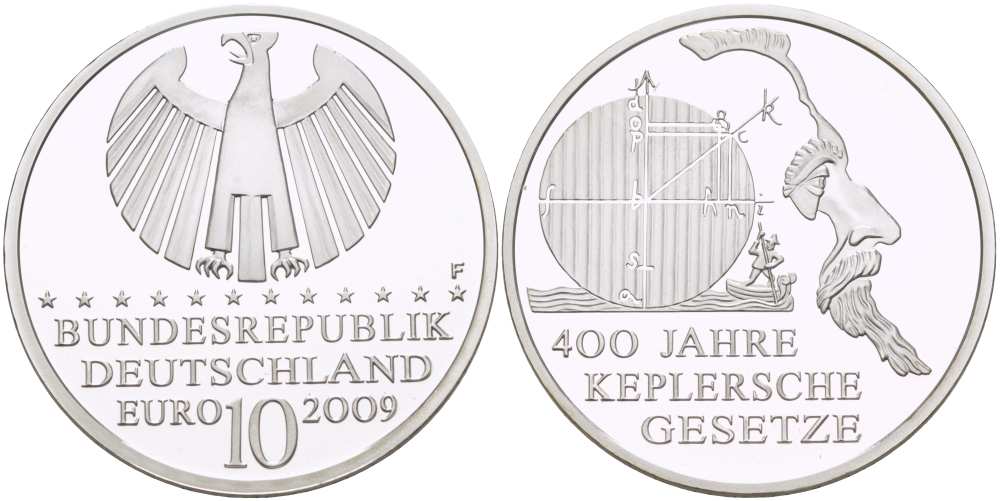 ФРГ 10 евро 2009 G, 400 лет законам Кеплера KM 280, DE.S. 10.40 серебро PROOF 1085-5-74