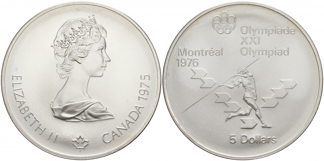 Канада 5 долларов 1975 XXI летние Олимпийские игры в Монреале 1976 года, метание копья KM 99 серебро UNC 1091-3-14
