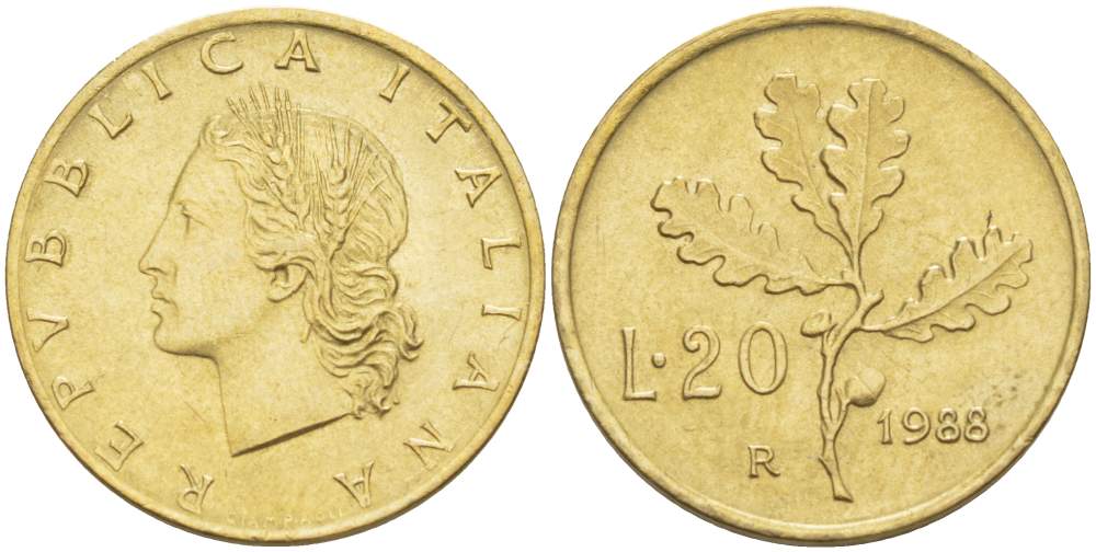 Италия 20 лир 1988 R, дубовая ветвь KM 97.2 алюминиевая бронза  UNC   4511-952