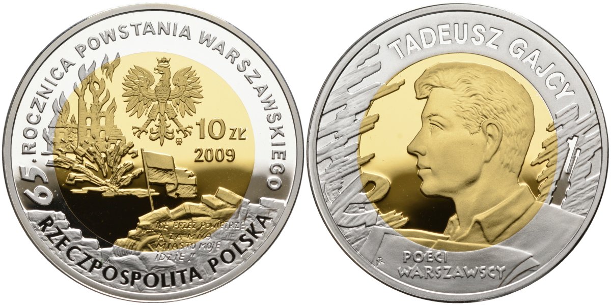 Польша 10 злотых 2009 MW, 65 лет Варшавскому восстанию, Тадеуш Гайцы, позолота KM 688 серебро, биметалл PROOF 1096-5-22