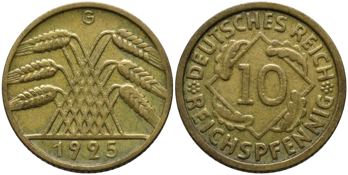 Германия 10 рейхспфеннигов 1925 G KM 40 алюминиевая бронза 4171-341