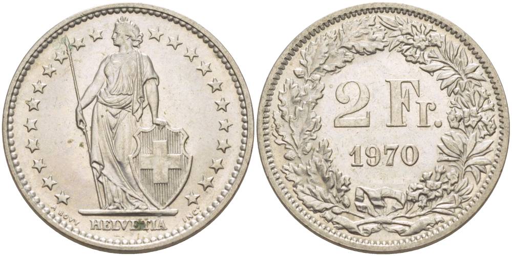 Швейцария 2 франка 1970 KM 21а.1 медно-никель 4542-446
