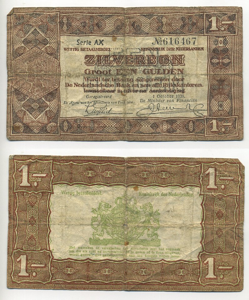 Нидерланды 1 гульден 1938 серебряный ваучер, в серии 2 буквы, 6 цифр Pick 61, Akkermans 4.1 b  бумага 6301-1-4
