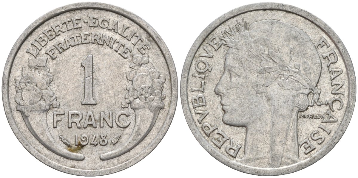 Франция 1 франк 1948 KM 885a.1 алюминий 4142-956