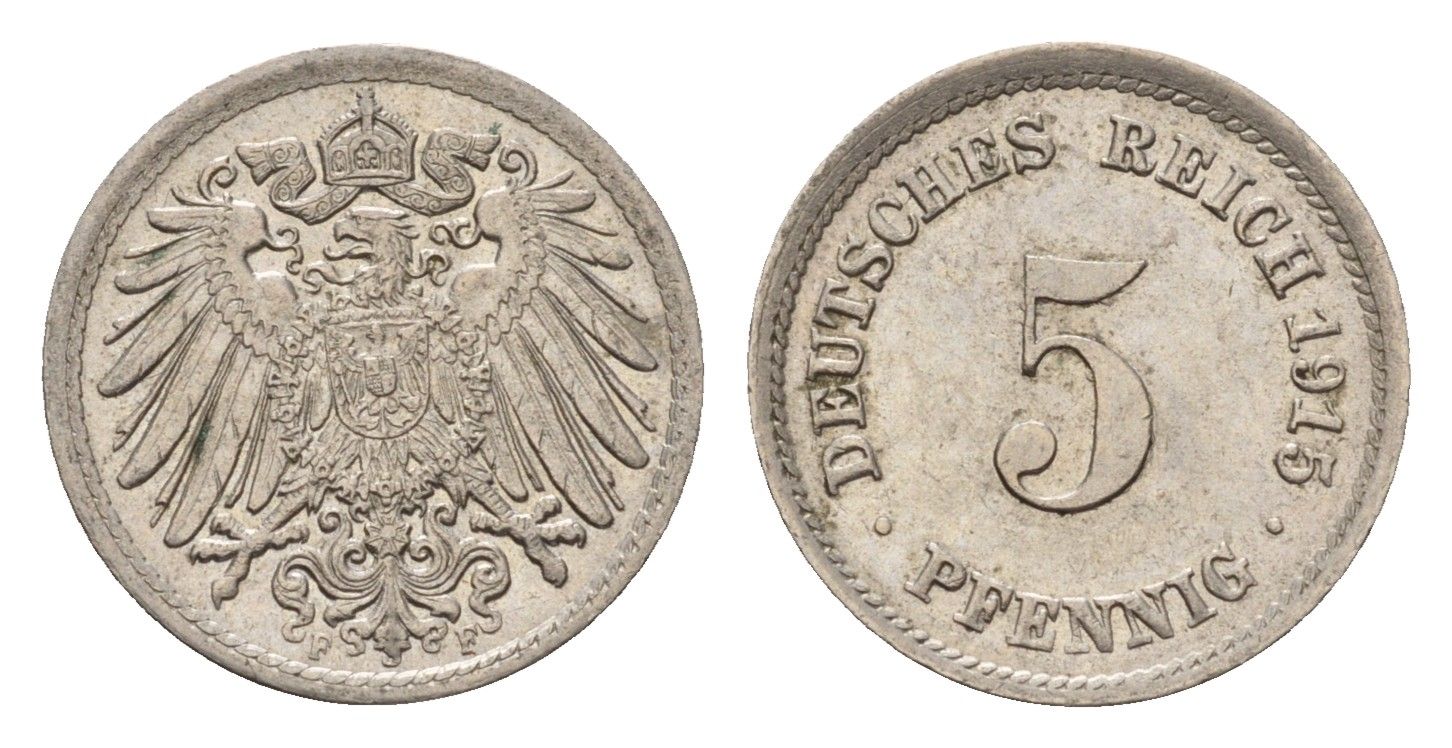 Германия 5 пфеннигов 1915 F, Вильгельм II (1888-1918) KM 11, J. 12 медно-никель 4636-331