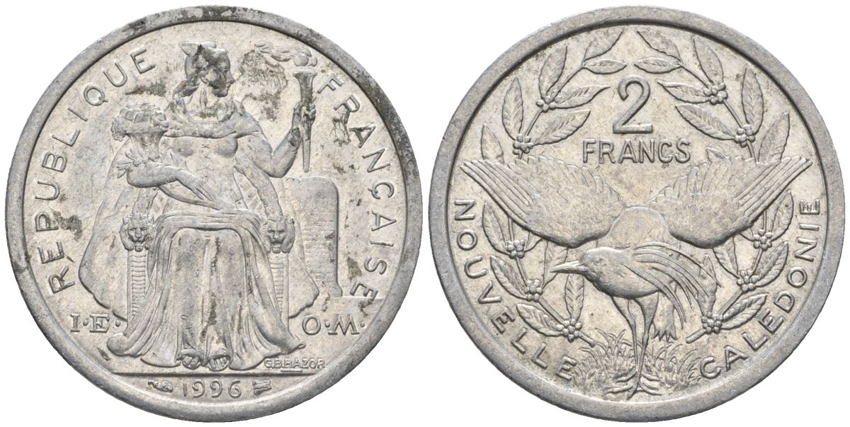 Французская Новая Каледония 2 франка 1996 птица кагу, (IEOM) KM 14, Schoen 11, Lec 68a алюминий    23-1014