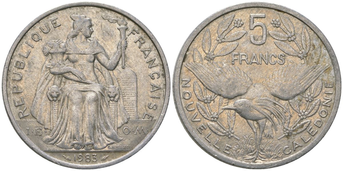 Французская Новая Каледония 5 франков 1983 птица кагу, (IEOM) KM 16, Schoen 12, Lec 75 алюминий 180-432